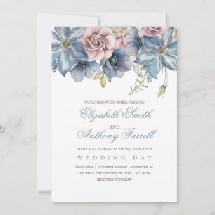 Invitation Mariage floral bleu et mauve Dusty