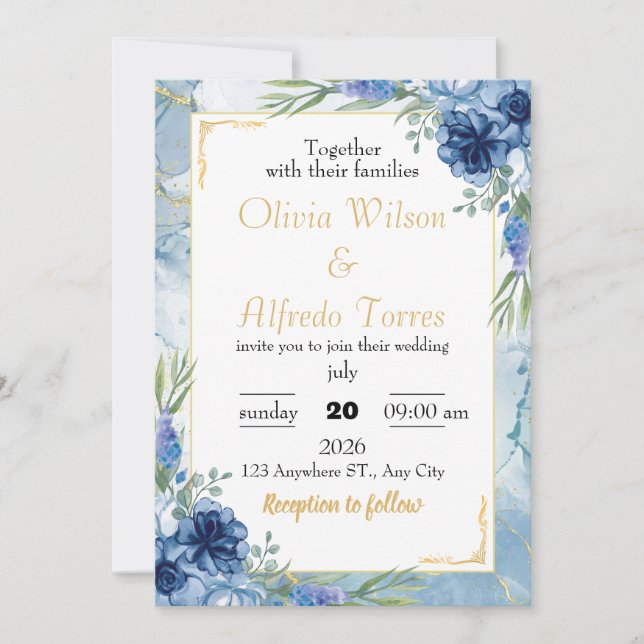 Invitation Mariage floral bleu et or (Devant)