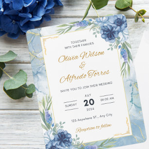 Invitation Mariage floral bleu et or