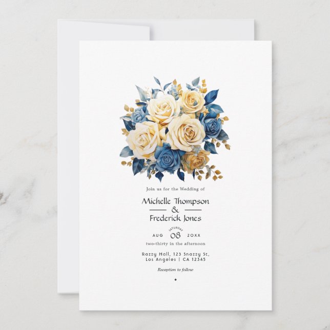 Invitation Mariage Floral Bleu et Or (Devant)