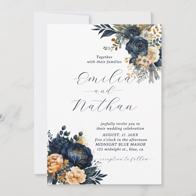 Invitation Mariage floral bleu et or de minuit (Devant)