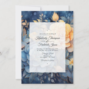 Invitation Mariage floral bleu et or Dusty