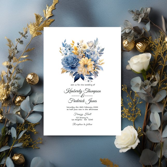 Invitation Mariage floral bleu et or Dusty (Dusty Blue and Gold Floral Wedding Invitation)