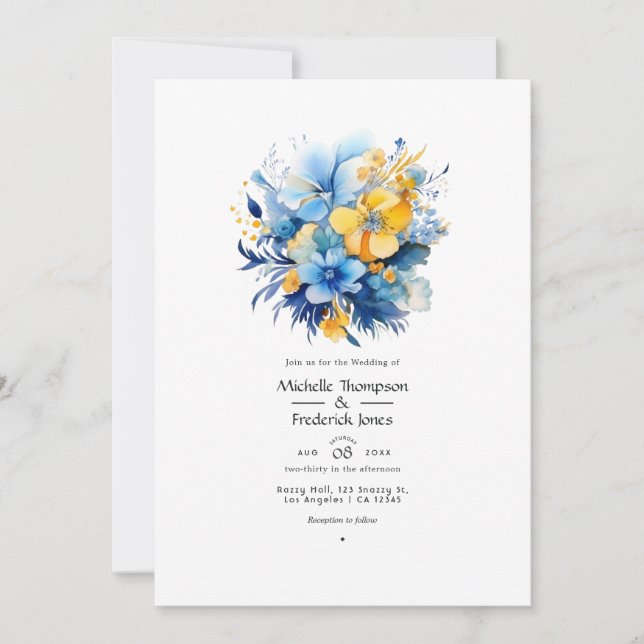 Invitation Mariage Floral Bleu et Or Élémentaire (Devant)