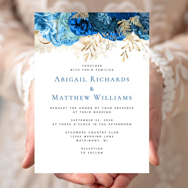 Invitation Mariage Floral Bleu et Or Romantique (Créateur téléchargé)