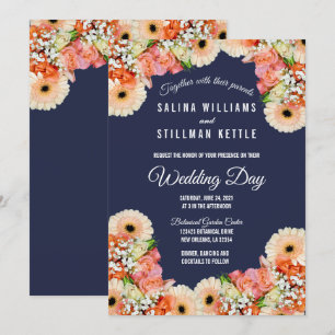 Invitation Mariage floral bleu et orange de minuit