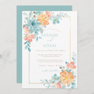 Invitation Mariage floral bleu et orange moderne