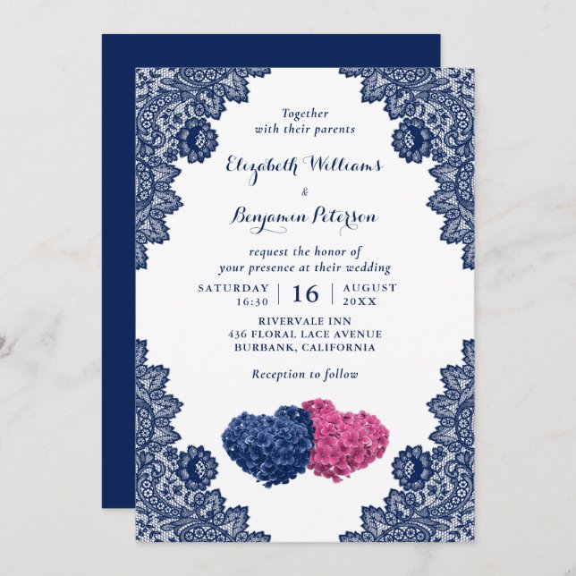 Invitation Mariage floral bleu et rose Rustic Lace Navy (Devant / Derrière)