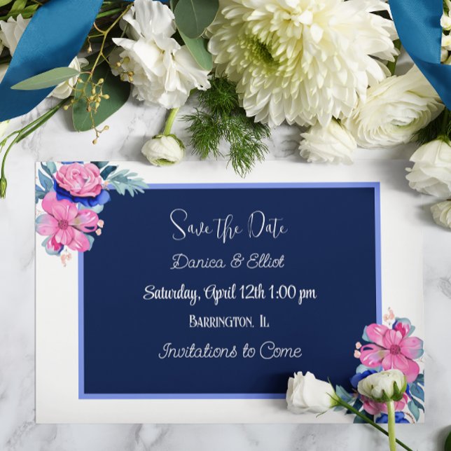 Invitation Mariage floral bleu et rose Sauvez les dates (Créateur téléchargé)