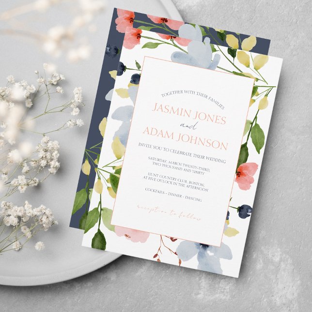 Invitation Mariage floral bleu et rose simple Boho (Créateur téléchargé)