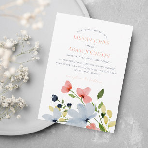 Invitation Mariage floral bleu et rose simple Boho