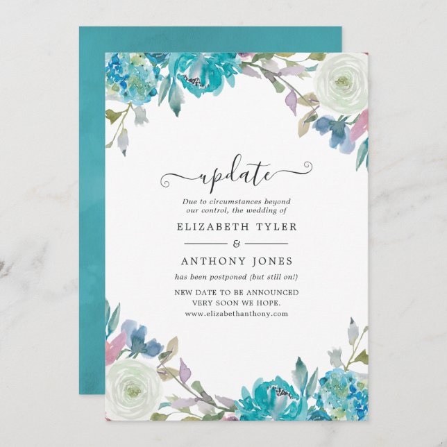 Invitation Mariage floral bleu et turquoise Dusty (Devant / Derrière)