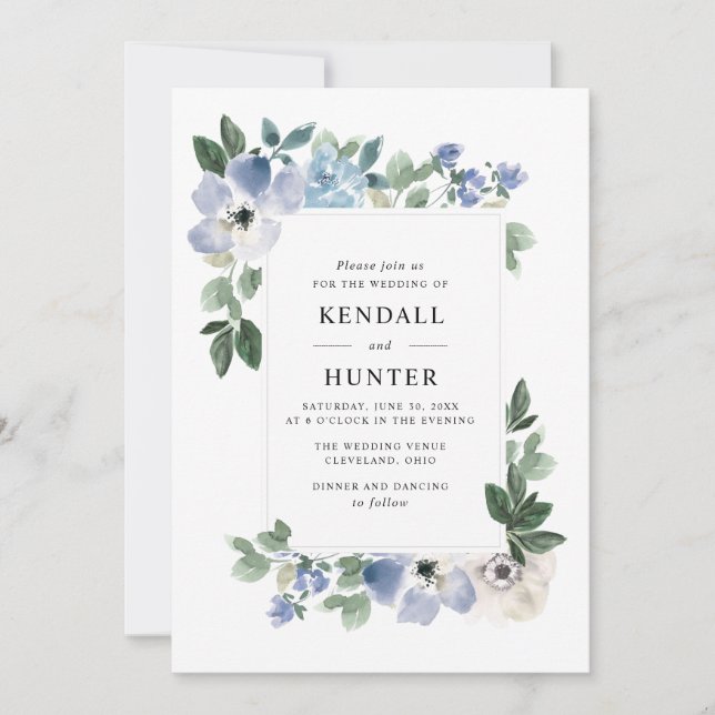 Invitation mariage floral bleu et vert peint (Devant)