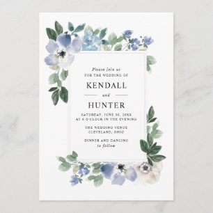 Invitation mariage floral bleu et vert peint