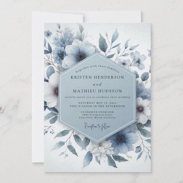 Invitation Mariage Floral Bleu Éthéré (Devant)