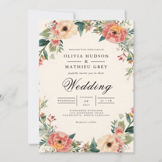 Invitation Mariage floral bleu éthérée (Devant)