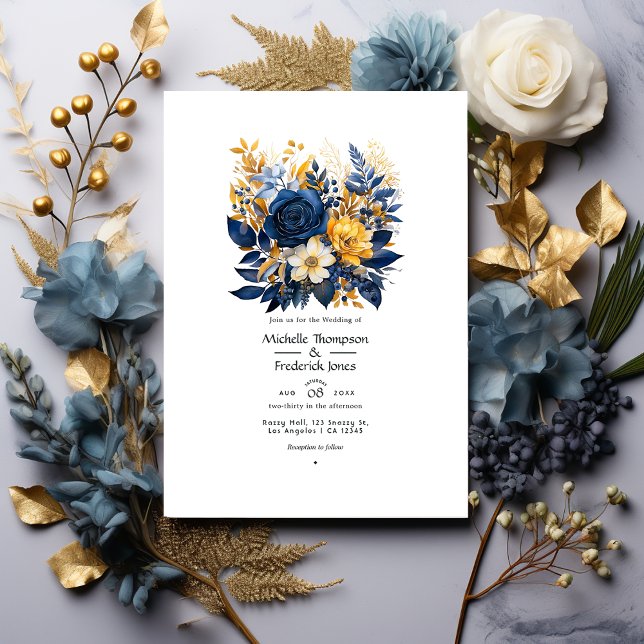Invitation Mariage floral bleu foncé et or (Créateur téléchargé)