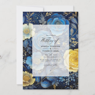 Invitation Mariage floral bleu foncé et or