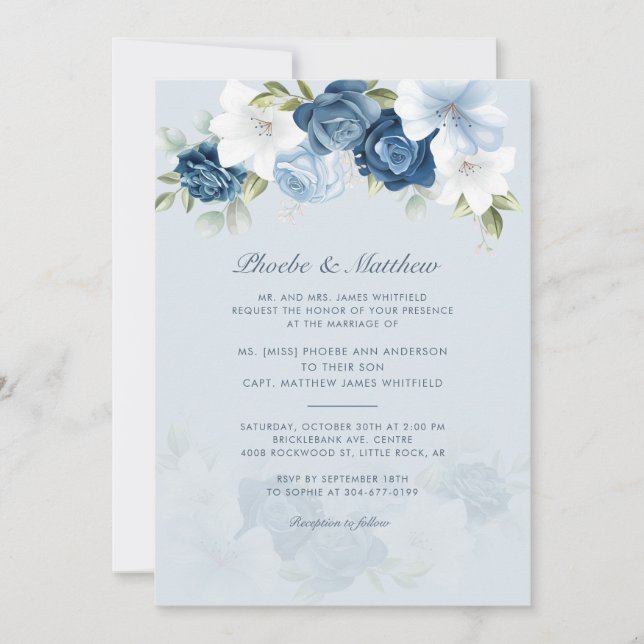 Invitation Mariage floral bleu foncé moderne (Devant)