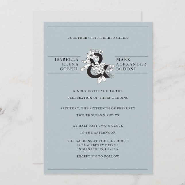 Invitation Mariage Floral bleu foncé moderne (Devant / Derrière)
