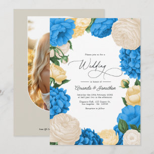Invitation Mariage Floral Bleu Français/Crème et Or Rose