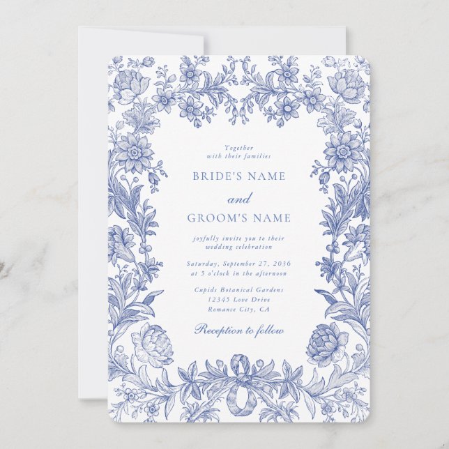 Invitation Mariage Floral Bleu Français Rustique Élégant Vint (Devant)