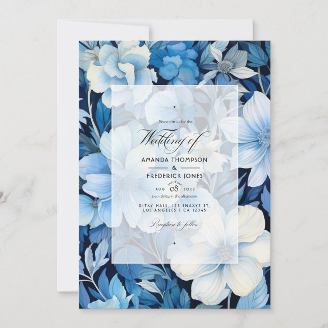 Invitation Mariage floral bleu glacé, marine et blanc (Devant)
