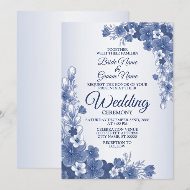 Invitation Mariage Floral Bleu Gris Blanc Rustique (Devant / Derrière)