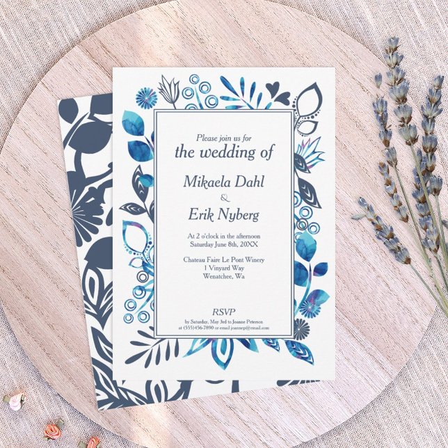 Invitation Mariage floral bleu-gris et bleu vif (blue floral wedding invitations, navy blue and royal blue color combination)