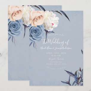 Invitation Mariage floral bleu gris et pêche poussiéreux