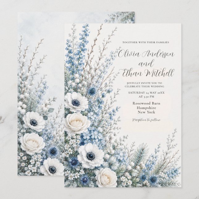 Invitation Mariage Floral Bleu Hiver (Devant / Derrière)