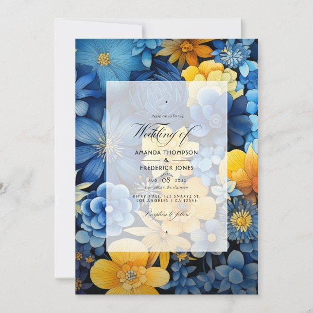 Invitation Mariage floral bleu, jaune et marine (Devant)