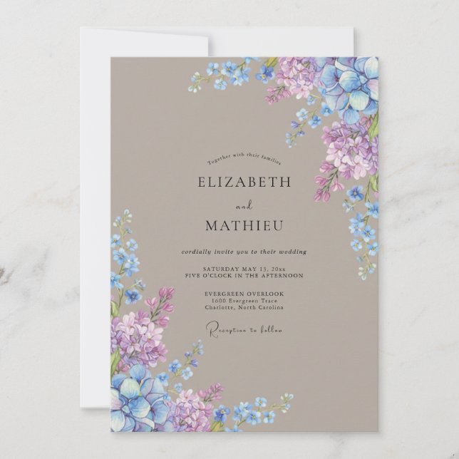 Invitation Mariage Floral Bleu Lilas (Devant)