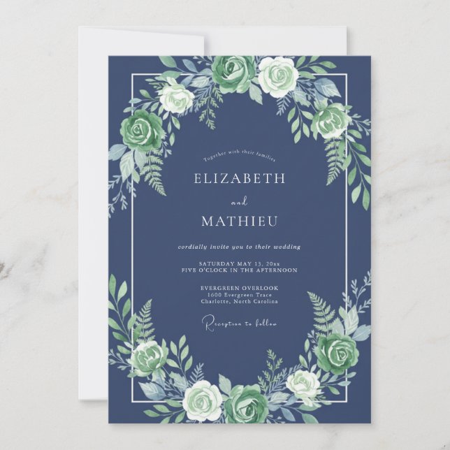 Invitation Mariage Floral Bleu Marine (Devant)