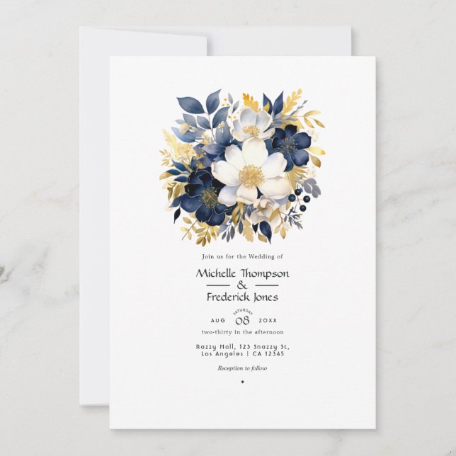 Invitation Mariage floral bleu marine, blanc et or (Devant)