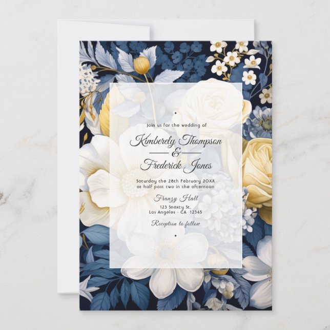 Invitation Mariage floral bleu marine, blanc et or (Devant)