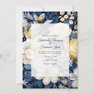 Invitation Mariage floral bleu marine, blanc et or