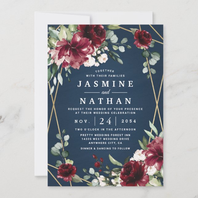 Invitation Mariage floral bleu marine Bourgogne bleu rose (Devant)