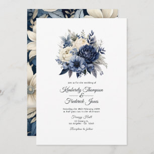 Invitation Mariage floral bleu marine, crème et argent
