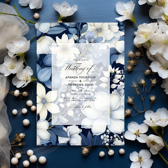 Invitation Mariage floral bleu marine, crème et argent (Créateur téléchargé)