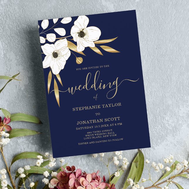 Invitation Mariage floral bleu marine de luxe (Luxury navy blue white gold floral wedding )
