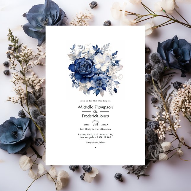 Invitation Mariage floral bleu marine et argent (Créateur téléchargé)