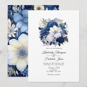 Invitation Mariage floral bleu marine et blanc