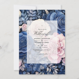 Invitation Mariage floral bleu marine et blush