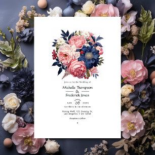 Invitation Mariage floral bleu marine et blush