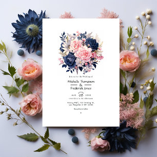 Invitation Mariage floral bleu marine et blush
