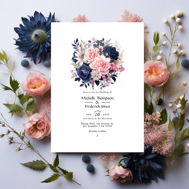 Invitation Mariage floral bleu marine et blush (Créateur téléchargé)