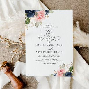 Invitation Mariage floral bleu marine et couleur bleu marine
