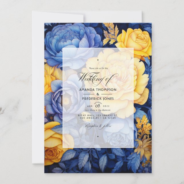 Invitation Mariage floral bleu marine et jaune (Devant)