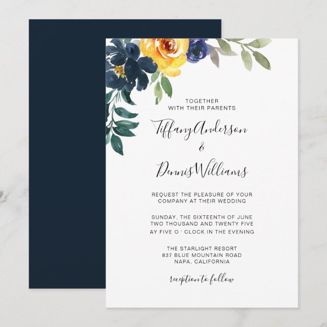 Invitation Mariage floral bleu marine et jaune  (Devant / Derrière)